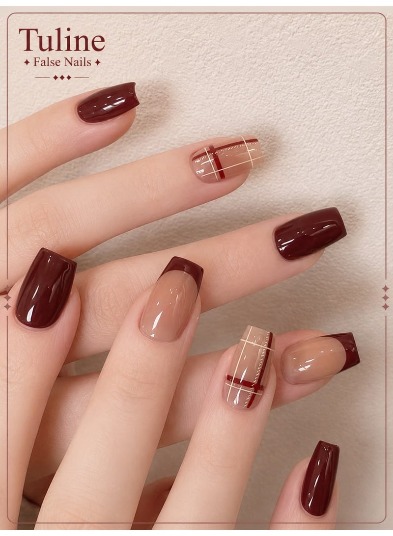 Tuline 30pcs/Box Burgundy French Manicure Press-On Nails - Medium Length, Glossy - Image 1