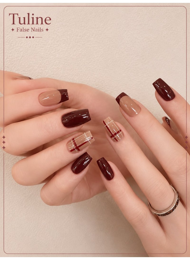 Tuline 30pcs/Box Burgundy French Manicure Press-On Nails - Medium Length, Glossy - Image 2