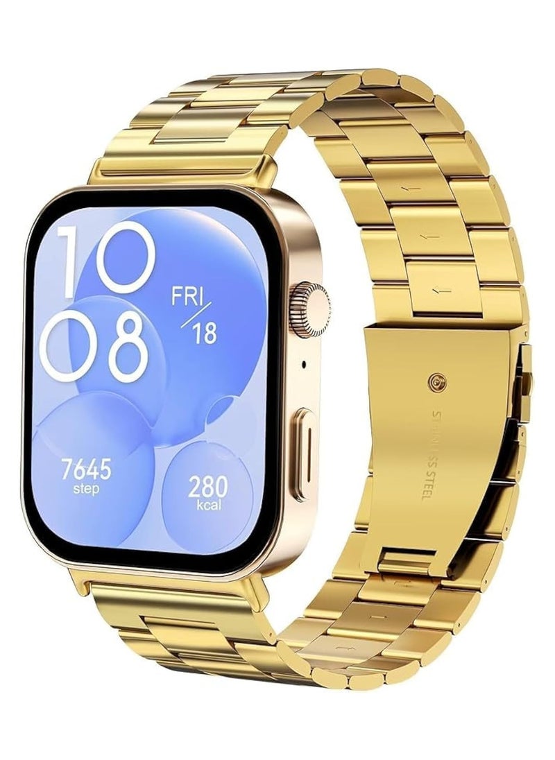 Compatible with Huawei Watch Fit 3 Strap, Adjustable Stainless Steel Metal Watch Band Classic Business Style Strap Replacement Band Women Men (Gold)