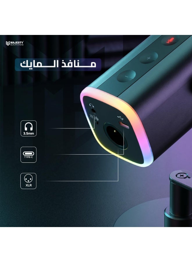 ماجيستي ميكروفون العاب من ماجيستي تصميم هاي-إند | مايك ديناميكي لصناعة المحتوى والبث المباشر | اضاءة RGB | موصلات USB Type-C و XLR و مدخل سماعة رأس | زر كتم الصوت | مراقبة صوتية مباشرة - SM9 أسود - Image 3