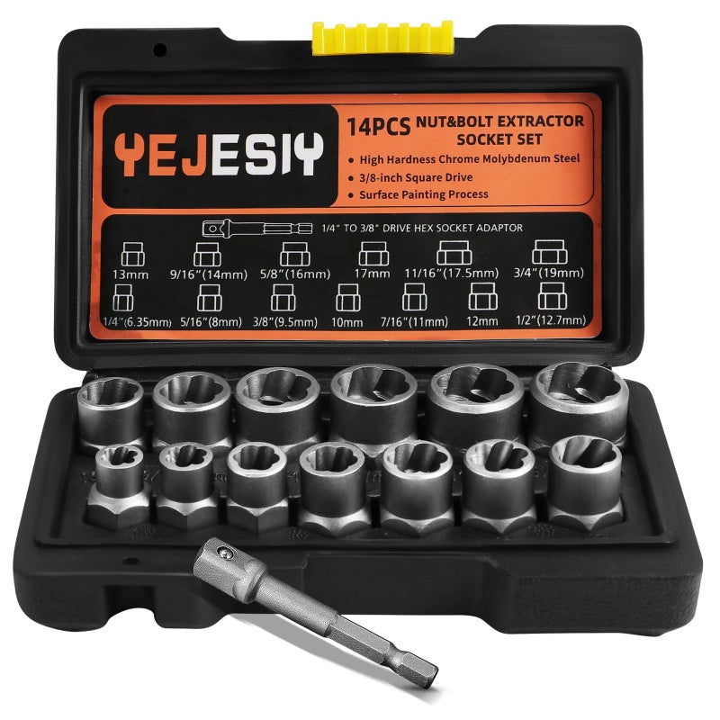 Yejesiy مجموعة أدوات استخراج البراغي الفاخرة Yejesiy 14PCS، مجموعة sockets لاستخراج البراغي المكسورة مع محول 3/8 بوصة، أداة إزالة صمولة سهلة للخواتم الصدئة، المستديرة، والمصابة بالضرر - Image 1