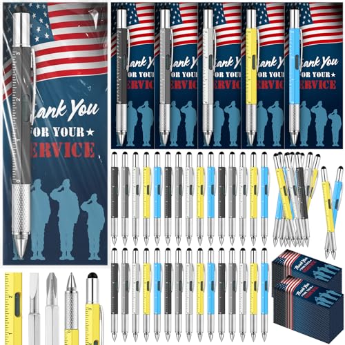Harloon 50 Sets Veterans Day Gift 6 in 1 Multi Tool Pen Veteran Thank You Card Memorial Independence Day Gift Patriotic American Flag Military for Us Army Men Grandpa Papa - Image 1