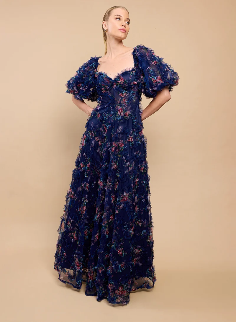 Feather Detail Sweetheart Neck Puff Sleeve Maxi Dress