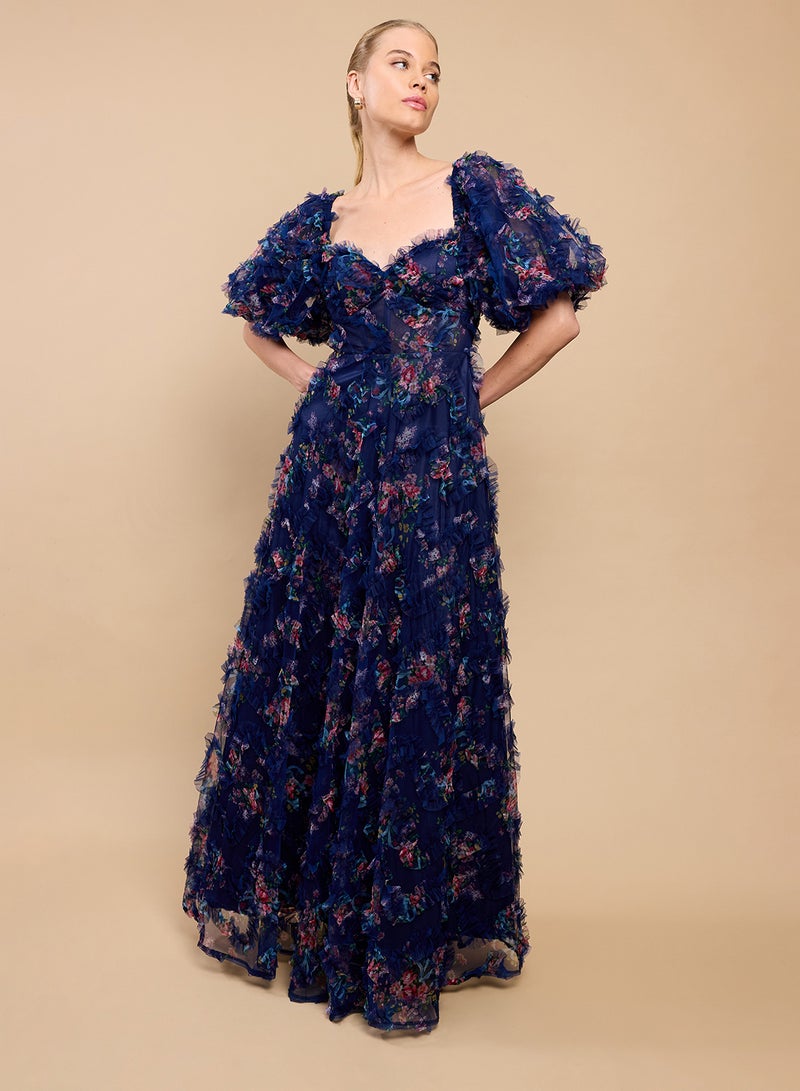 Little Mistress Feather Detail Sweetheart Neck Puff Sleeve Maxi Dress - Image 1