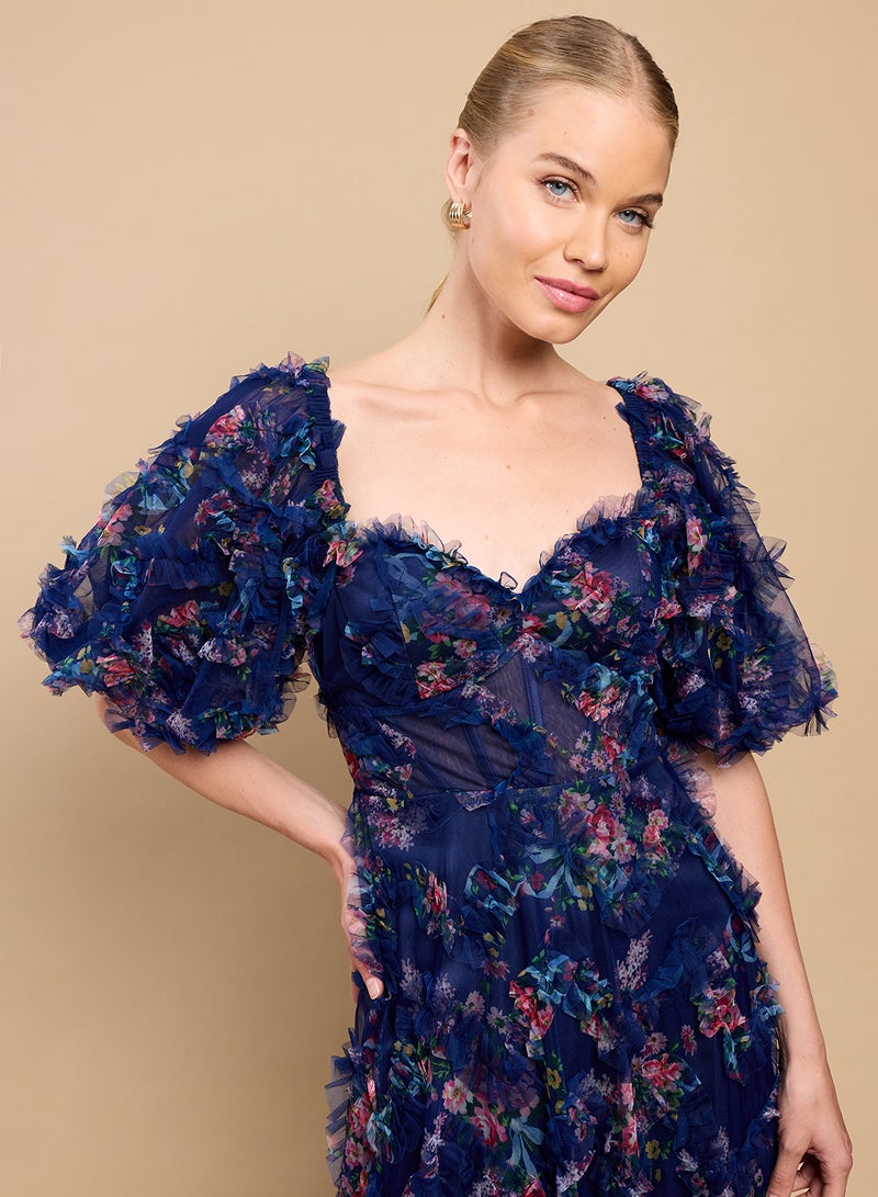 Little Mistress Feather Detail Sweetheart Neck Puff Sleeve Maxi Dress - Image 3