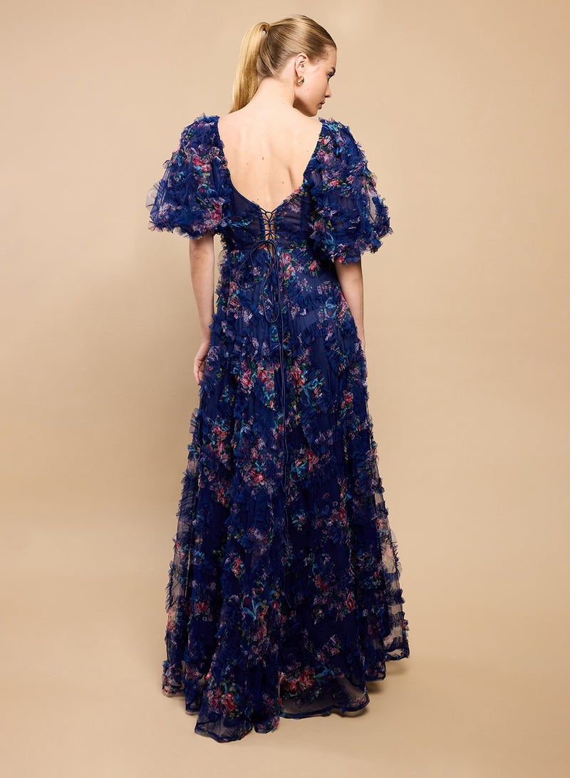 Little Mistress Feather Detail Sweetheart Neck Puff Sleeve Maxi Dress - Image 2