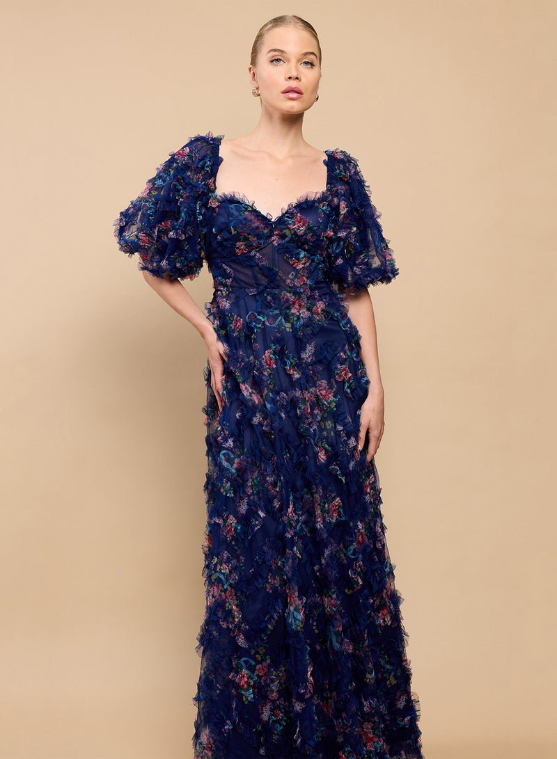 Little Mistress Feather Detail Sweetheart Neck Puff Sleeve Maxi Dress - Image 4