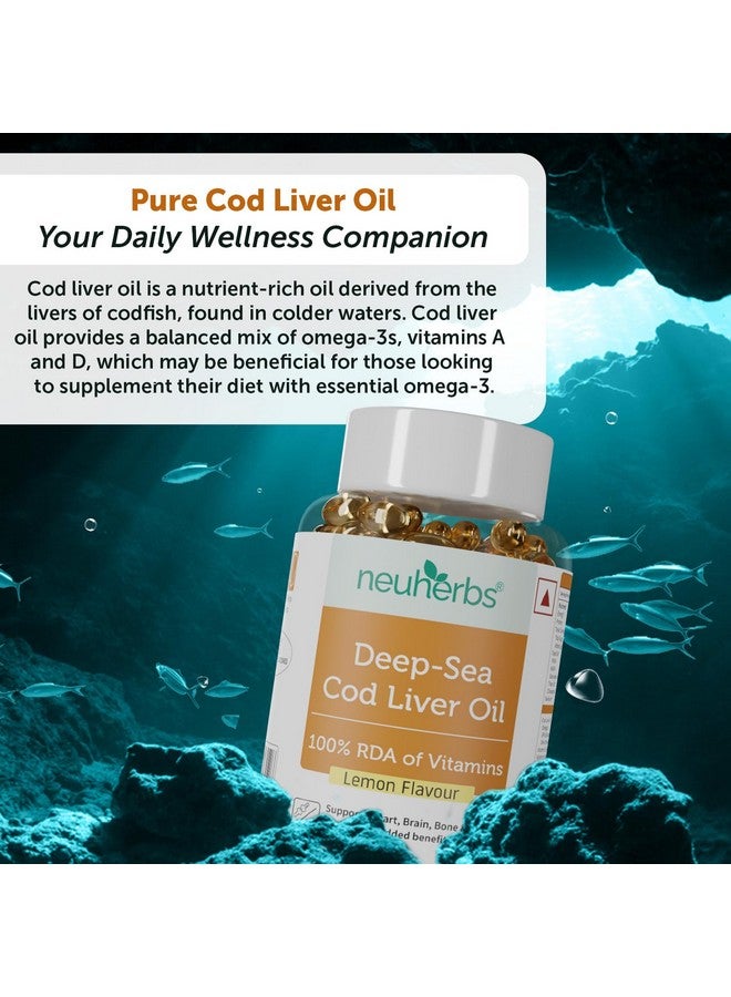 Neuherbs Deep Sea Omega 3 Cod Liver Oil- 100 Softgels for Men & Women | Omega 3 Supplement 600 Mg, 100% RDA of Vitamins A, D3 & E for Heart, Brain, Bone & Skin Health | No Fishy Burps with Lemon Flavour - Image 2