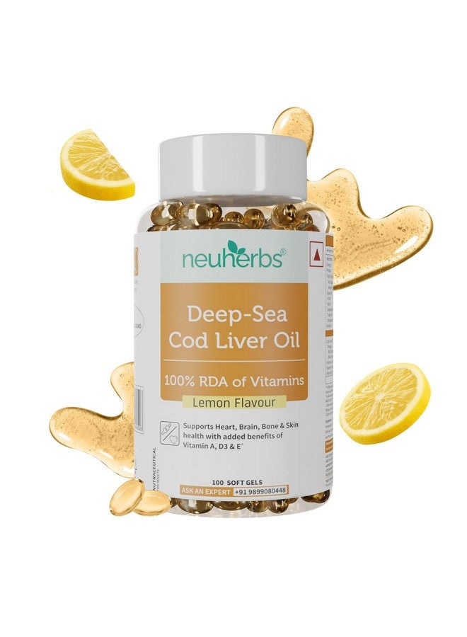 Neuherbs Deep Sea Omega 3 Cod Liver Oil- 100 Softgels for Men & Women | Omega 3 Supplement 600 Mg, 100% RDA of Vitamins A, D3 & E for Heart, Brain, Bone & Skin Health | No Fishy Burps with Lemon Flavour - Image 1