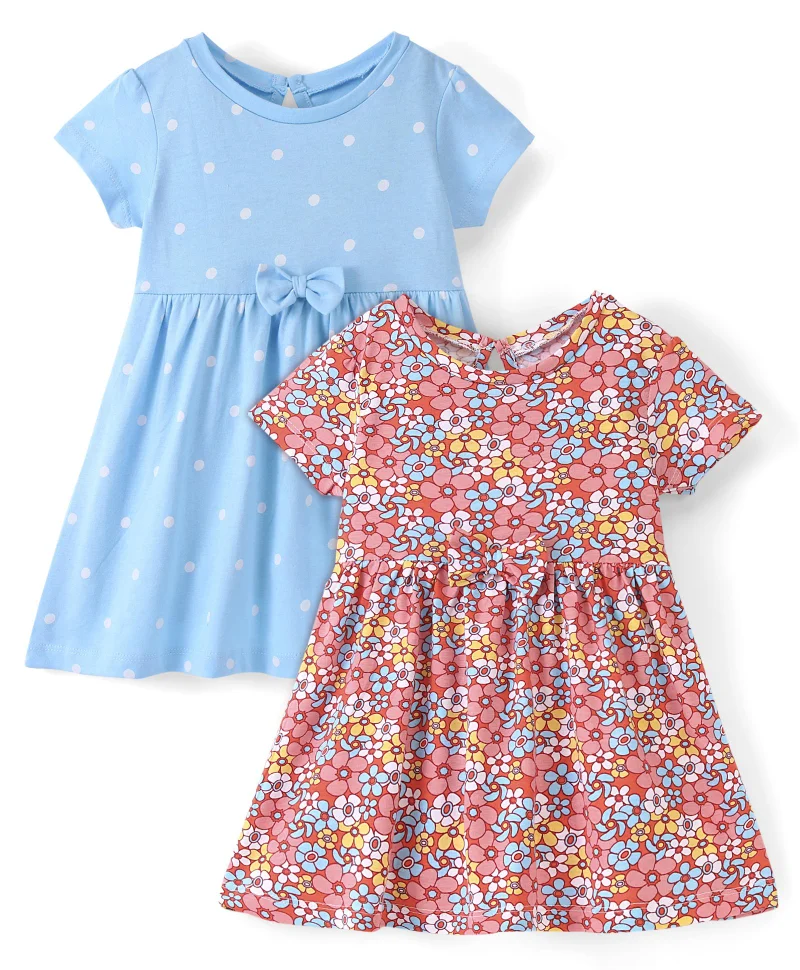 babyhug Babyhug 100% Cotton Knit Half Sleeves Frock Floral Print Pack of 2 - Blue & Red