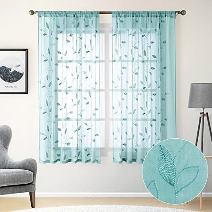 HOMEIDEAS Turquoise Aqua Sheer Curtains 52 X 63 Inches Length 2 Panels Embroidered Leaf Pattern Pocket Faux Linen Floral Teal Voile Window Drapes for Bedroom Living Room - Image 1