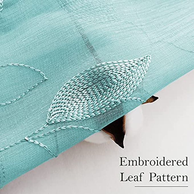 HOMEIDEAS Turquoise Aqua Sheer Curtains 52 X 63 Inches Length 2 Panels Embroidered Leaf Pattern Pocket Faux Linen Floral Teal Voile Window Drapes for Bedroom Living Room - Image 2