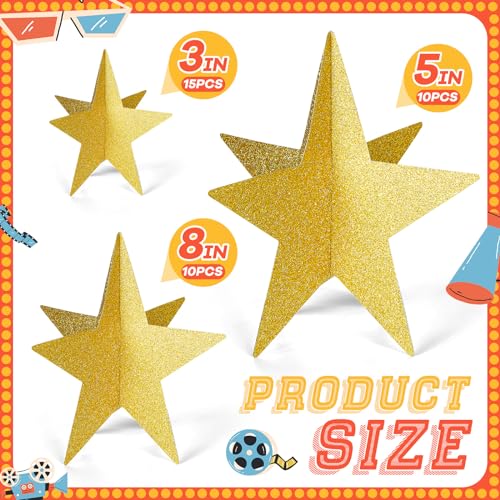 Sinload 45 Pcs 3D Glitter Star Decorations Graduation Gold Centerpiece 3 Sizes Standing Hanging Back to School Work Star Decor for End of Year School Centerpiece Starry Movie Themed Night Party Decor - Image 5