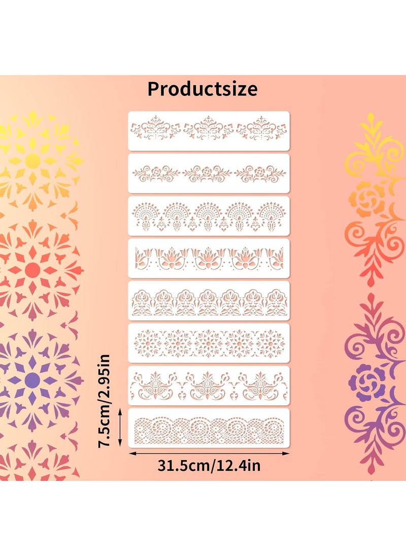 Prasacco Prasacco 8 Pieces Flower Border Stencils Ornate Mandala Stencils Reusable DIY Craft Stencils Floral Edge Templates for Painting on Wood Canvas Paper Fabric Cake Wall  - Image 2