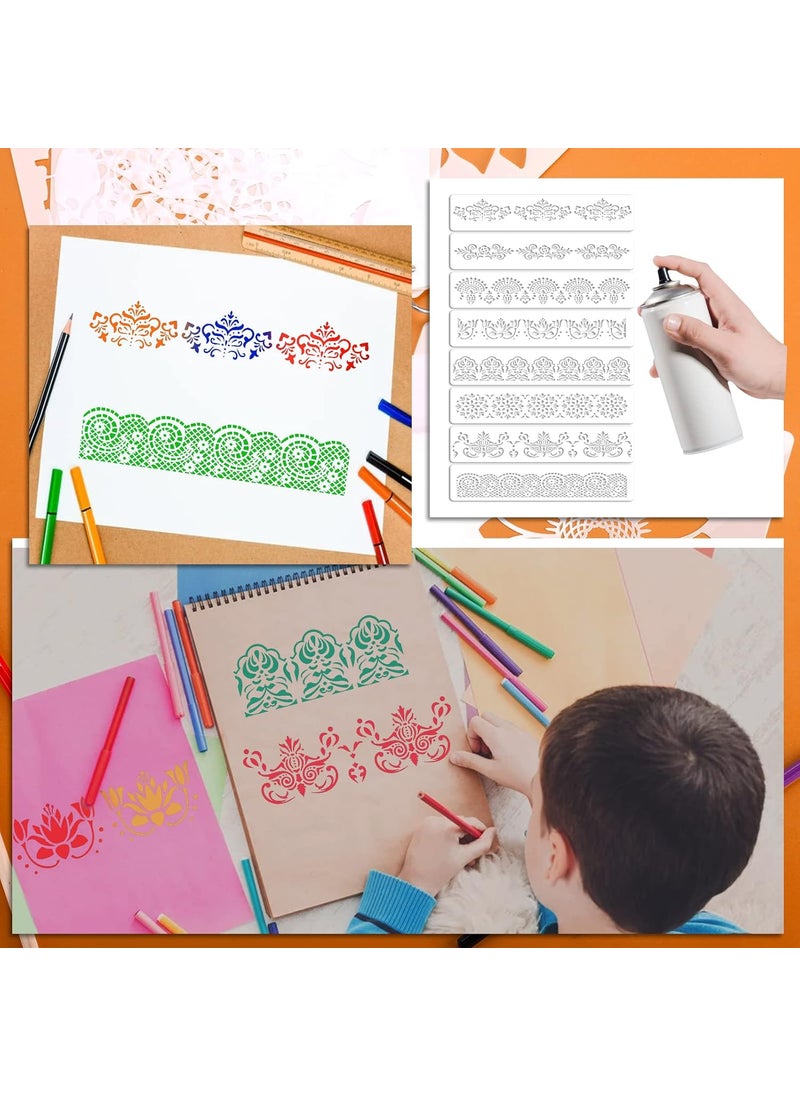 Prasacco Prasacco 8 Pieces Flower Border Stencils Ornate Mandala Stencils Reusable DIY Craft Stencils Floral Edge Templates for Painting on Wood Canvas Paper Fabric Cake Wall  - Image 4