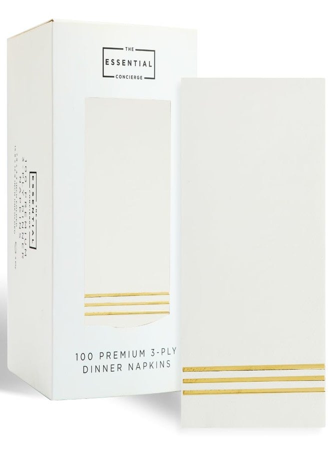 The Essential Concierge Stylish White and Gold Napkins - 100 Disposable Gold Paper Dinner Napkins for Bridal Shower or Wedding - 7.5 x 4.25 Inch Serviettes for Parties and Events - Image 1