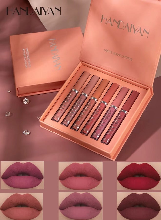 Handaiyan مجموعة أحمر شفاه سائل غير لامع هاندايان 6 قطع مجموعة مشرقة طويلة الأمد مقاومة للماء غير قابلة للنقل لون شفاه مخملي مجموعة مكياج 6 جرام لكل منها - Image 1