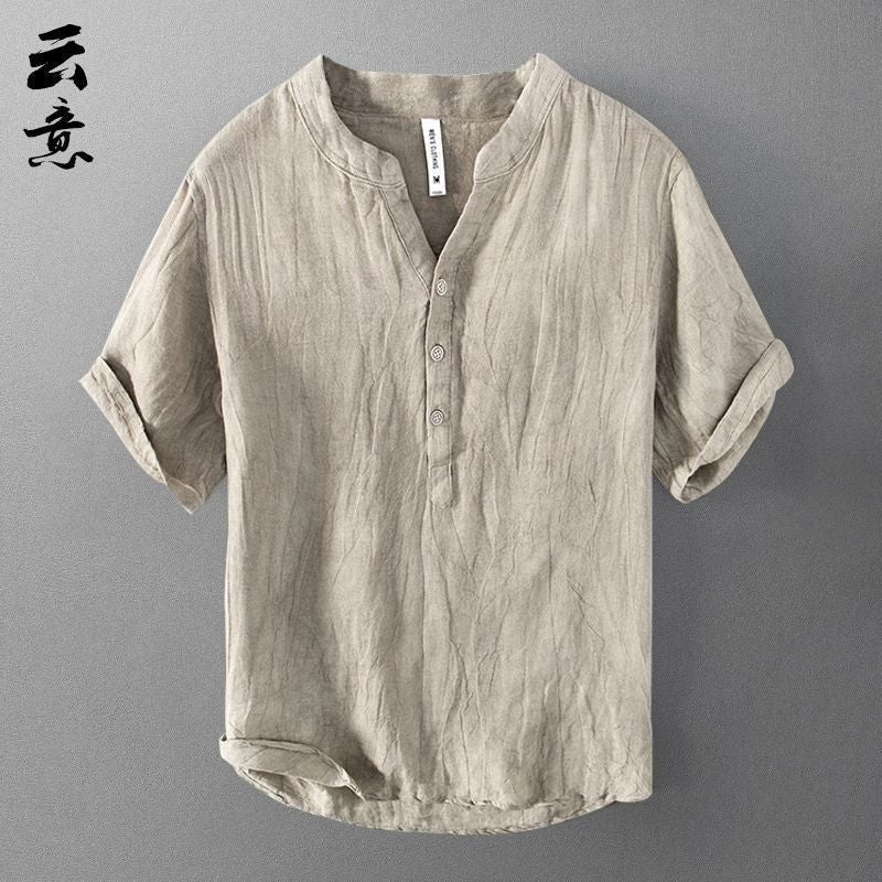 Pure Linen Short-Sleeved T-Shirt Men'S Summer Chinese-Style Loose Thin V-Neck Top Retro Casual Half-Sleeved Linen T-Shirt - Image 1