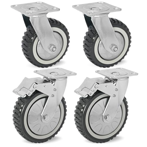 uyoyous 6 Inch Heavy Duty Caster Wheels Set of 4, (2 Brake) Large Polyurethane Casters 2000 LBS Outdoor Industrial Wheels with Knobby Tread for Dolly, Workbench, Trolley, Industrial and Chicken Coop - Image 1