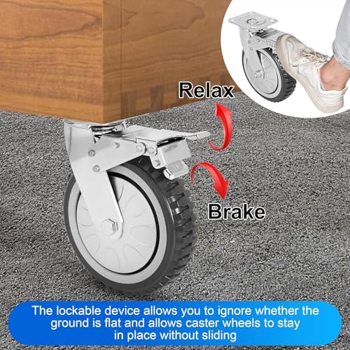 uyoyous 6 Inch Heavy Duty Caster Wheels Set of 4, (2 Brake) Large Polyurethane Casters 2000 LBS Outdoor Industrial Wheels with Knobby Tread for Dolly, Workbench, Trolley, Industrial and Chicken Coop - Image 3