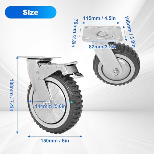 uyoyous 6 Inch Heavy Duty Caster Wheels Set of 4, (2 Brake) Large Polyurethane Casters 2000 LBS Outdoor Industrial Wheels with Knobby Tread for Dolly, Workbench, Trolley, Industrial and Chicken Coop - Image 2