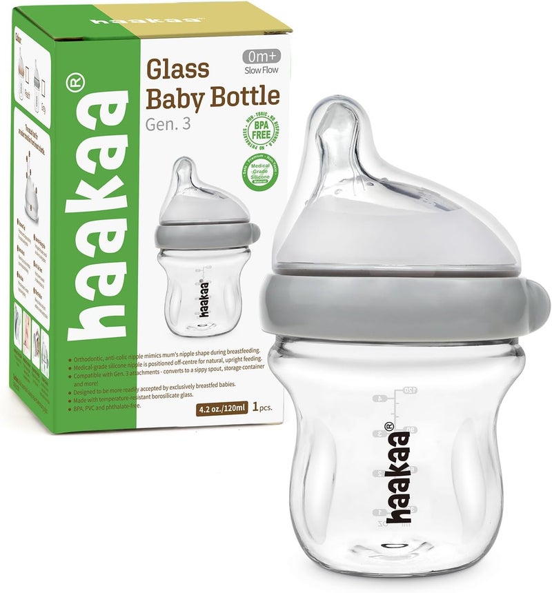 haakaa Gen.3 Natural Glass Baby Bottle 4.2oz/120ml - Wide Neck Anti-Colic Slow Flow Nipple for 0M+ Breastfed Baby - Image 1