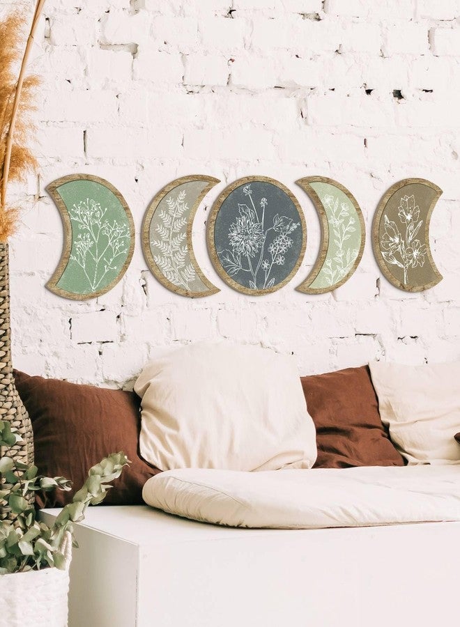 Putuo Decor Moon Phase Botanical Wall Art Set of 5, Crescent Wood Floral Panels for Bedroom Nursery Meditation Room - Image 5