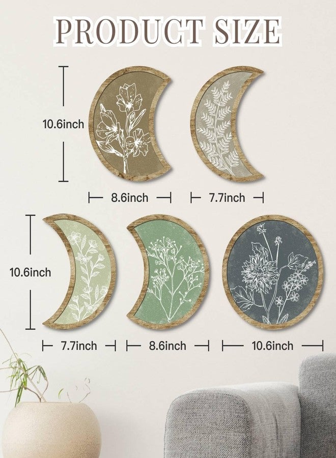 Putuo Decor Moon Phase Botanical Wall Art Set of 5, Crescent Wood Floral Panels for Bedroom Nursery Meditation Room - Image 2