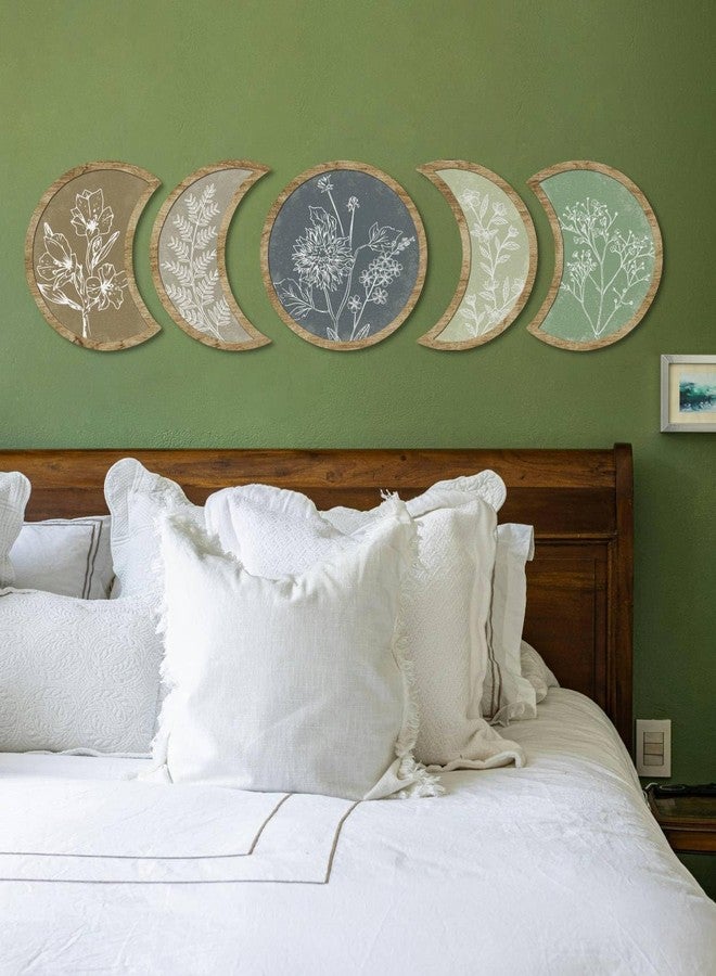Putuo Decor Moon Phase Botanical Wall Art Set of 5, Crescent Wood Floral Panels for Bedroom Nursery Meditation Room - Image 4