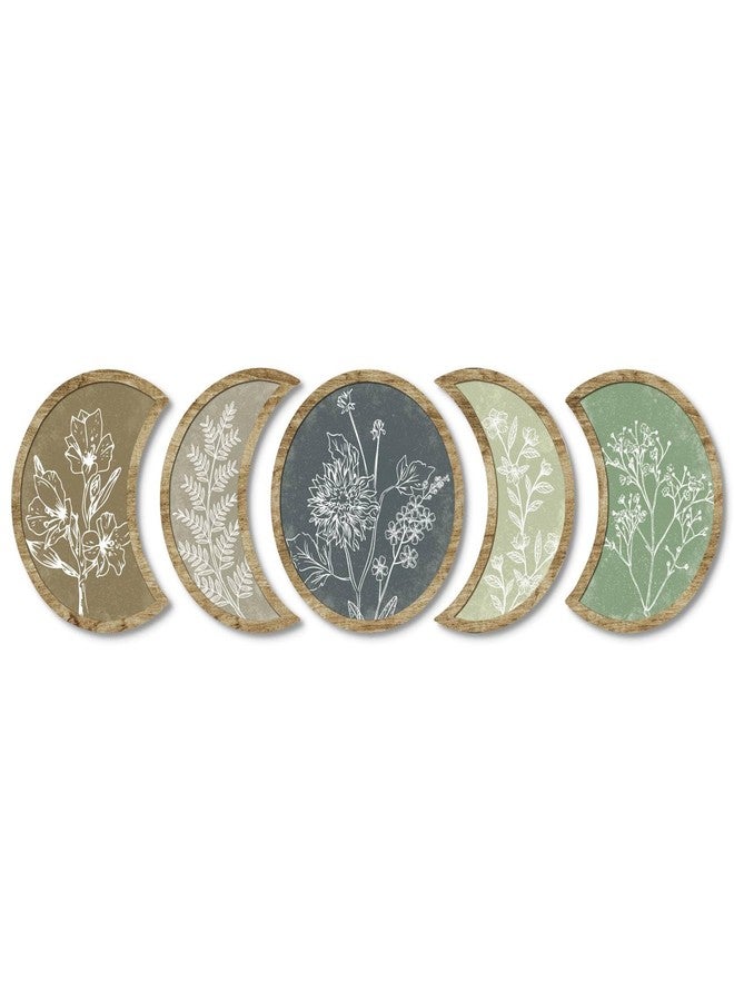 Putuo Decor Moon Phase Botanical Wall Art Set of 5, Crescent Wood Floral Panels for Bedroom Nursery Meditation Room - Image 1