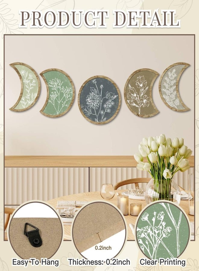 Putuo Decor Moon Phase Botanical Wall Art Set of 5, Crescent Wood Floral Panels for Bedroom Nursery Meditation Room - Image 3