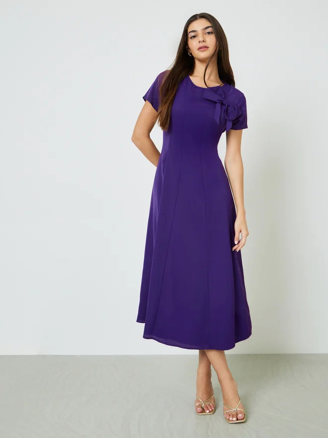 Styli Styli Purple A-Line Midi Dress with Bow Detail
