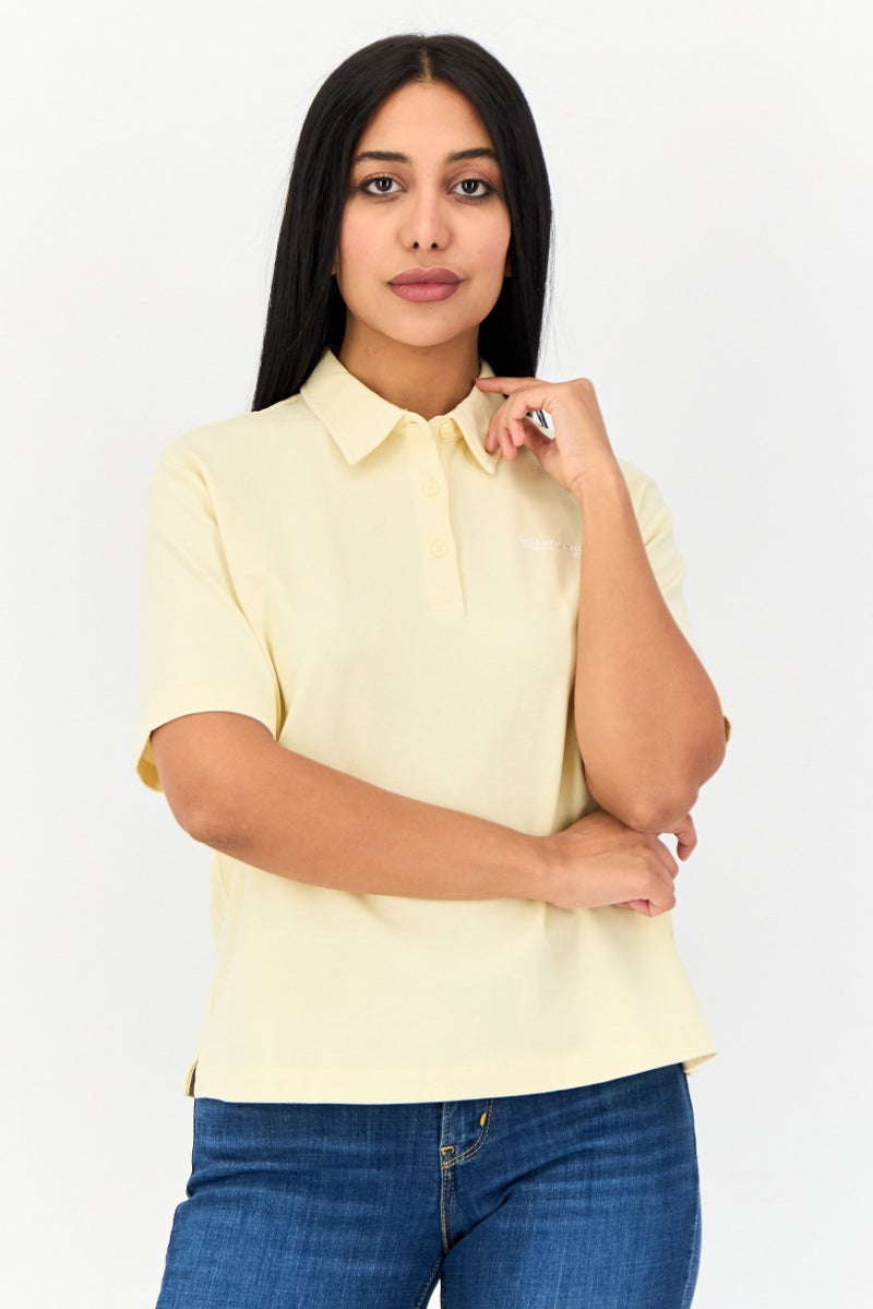GIORDANO Women Regular Fit Plain Short Sleeve Polo Shirt, Light Yellow  - Image 1
