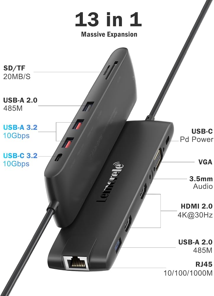 Lemorele 10Gbps USB C Docking Station with Dual HDMI 4K30Hz,1080P VGA,RJ45 - Image 2