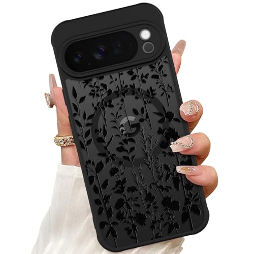 ZIYE Magnetic Case for Google Pixel 10 Pro XL 6.8 Inch [Compatible with MagSafe] Hard PC and Soft TPU Case with Black Floral Flowers Anti-Scratch Shockproof Protection Phone Cover for Women - Image 1