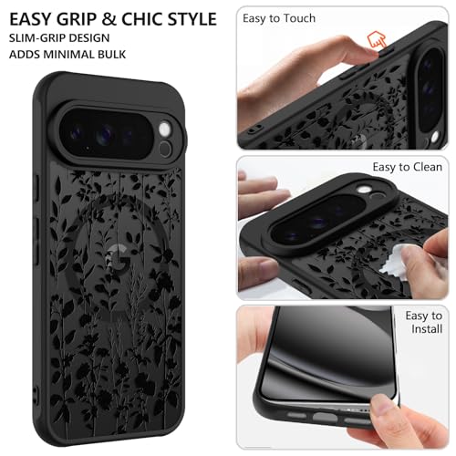 ZIYE Magnetic Case for Google Pixel 10 Pro XL 6.8 Inch [Compatible with MagSafe] Hard PC and Soft TPU Case with Black Floral Flowers Anti-Scratch Shockproof Protection Phone Cover for Women - Image 4