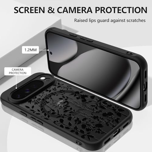 ZIYE Magnetic Case for Google Pixel 10 Pro XL 6.8 Inch [Compatible with MagSafe] Hard PC and Soft TPU Case with Black Floral Flowers Anti-Scratch Shockproof Protection Phone Cover for Women - Image 3