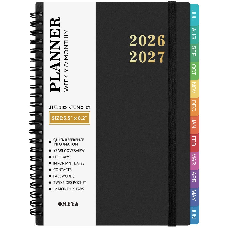 OMEYA 2026 Planner â€“ 2026 Planner Weekly and Monthly: Jan. 2026 - Dec. 2026, 5.5" x 8.2", 2026 Calendar Planner with Monthly Tabs, Flexible Cover, Thick Paper, Inner Pocket for School Office Supplies(Black) - Image 1