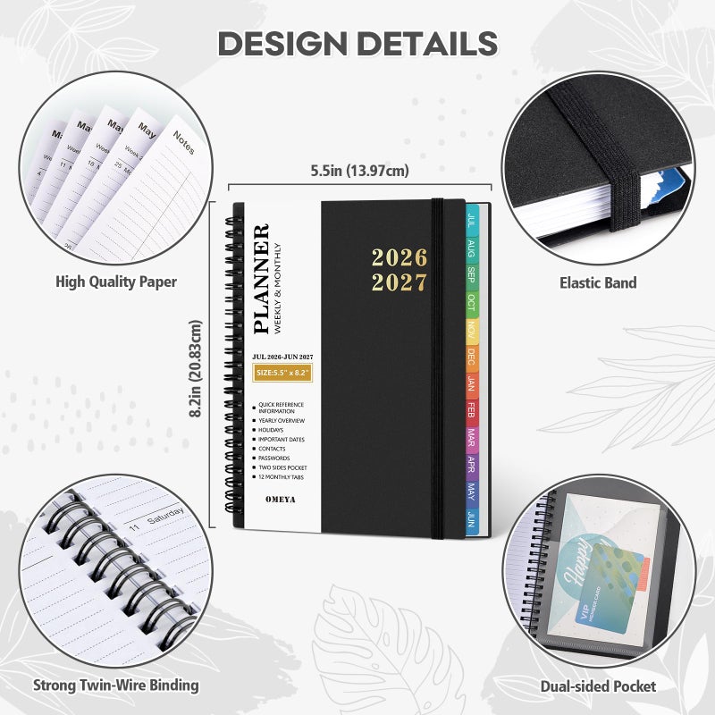 OMEYA 2026 Planner â€“ 2026 Planner Weekly and Monthly: Jan. 2026 - Dec. 2026, 5.5" x 8.2", 2026 Calendar Planner with Monthly Tabs, Flexible Cover, Thick Paper, Inner Pocket for School Office Supplies(Black) - Image 3
