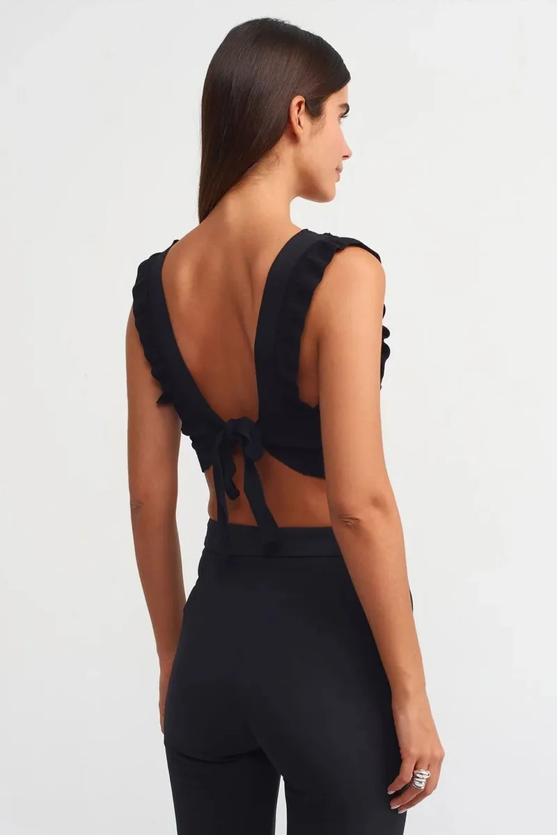Dilvin Black DILVIN Textured Sleeveless Crop Blouse with Tie Detail for Women | Best Price UAE