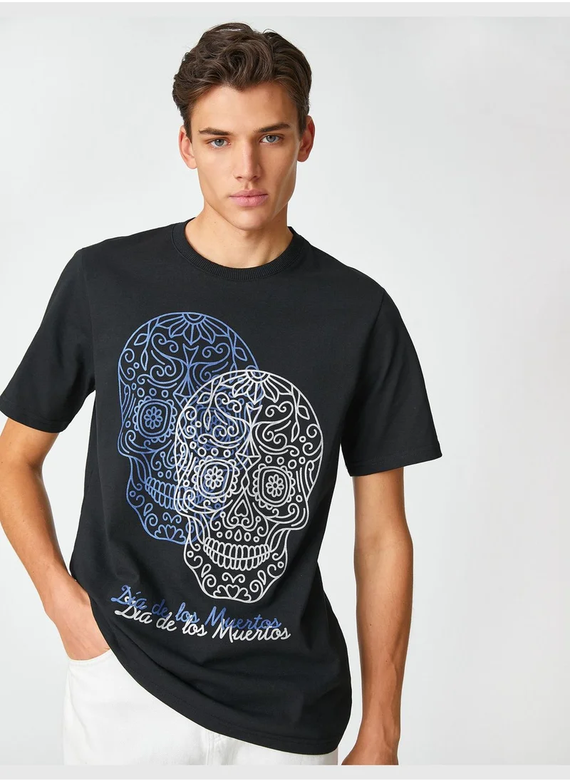 كوتون Skull Printed T-Shirt Crew Neck Short Sleeve