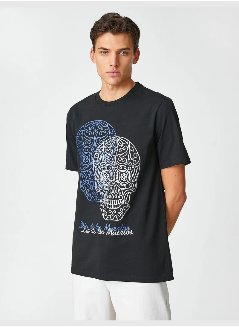 كوتون Skull Printed T-Shirt Crew Neck Short Sleeve