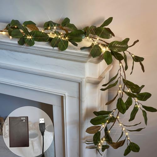 LITBLOOM Faux Magnolia Garland with Lights 6FT Battery Operated with Timer or USB Plug in Lighted Greenery Garland with 80 Fairy Lights for Home Fireplace Mantle Holiday Decoration Inside
