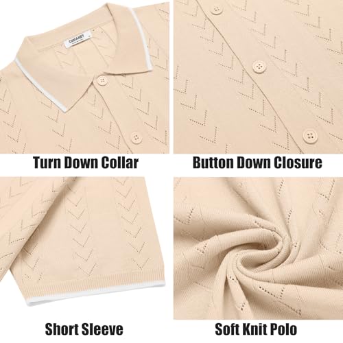 COOFANDY Mens Cuban Knit Polo Button Short Sleeve Shirts Casual Summer Beach Shirts Beige - Image 5