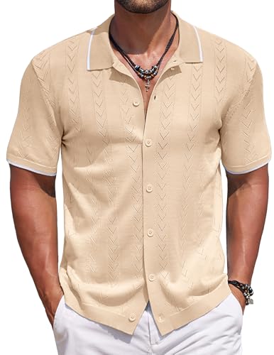 COOFANDY Mens Cuban Knit Polo Button Short Sleeve Shirts Casual Summer Beach Shirts Beige - Image 1