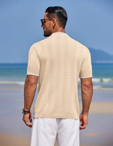 COOFANDY Mens Cuban Knit Polo Button Short Sleeve Shirts Casual Summer Beach Shirts Beige - Image 3