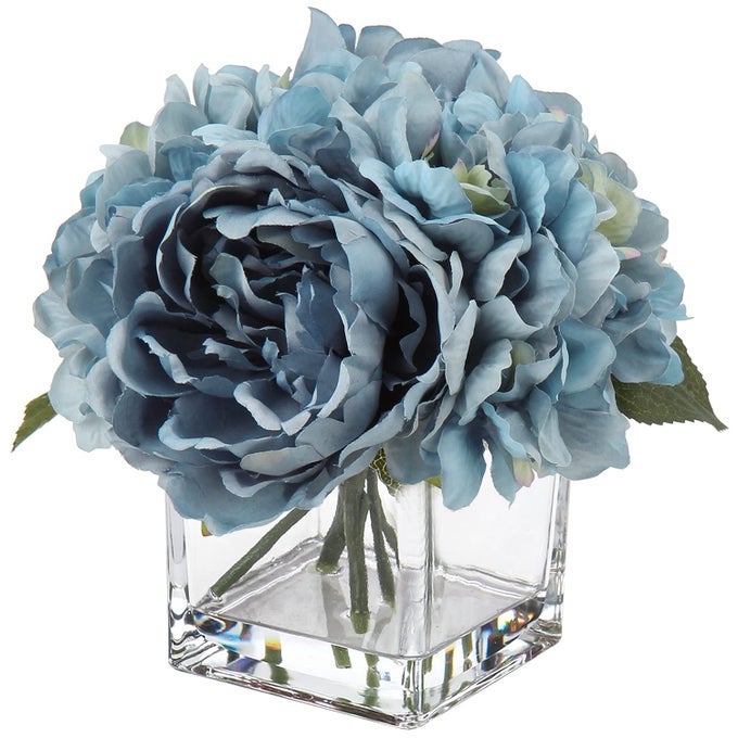 FAKE FLOWERS IN VASE SILK PEONY HYDRANGEA FLOWERS WITH FAUX WATER FOR HOME WEDDING PARTY DECORATION ARTIFICIAL FLOWERS PEONY HYDRANGEA IN GLASS POTS FOR TABLE CENTERPIECES BLUE