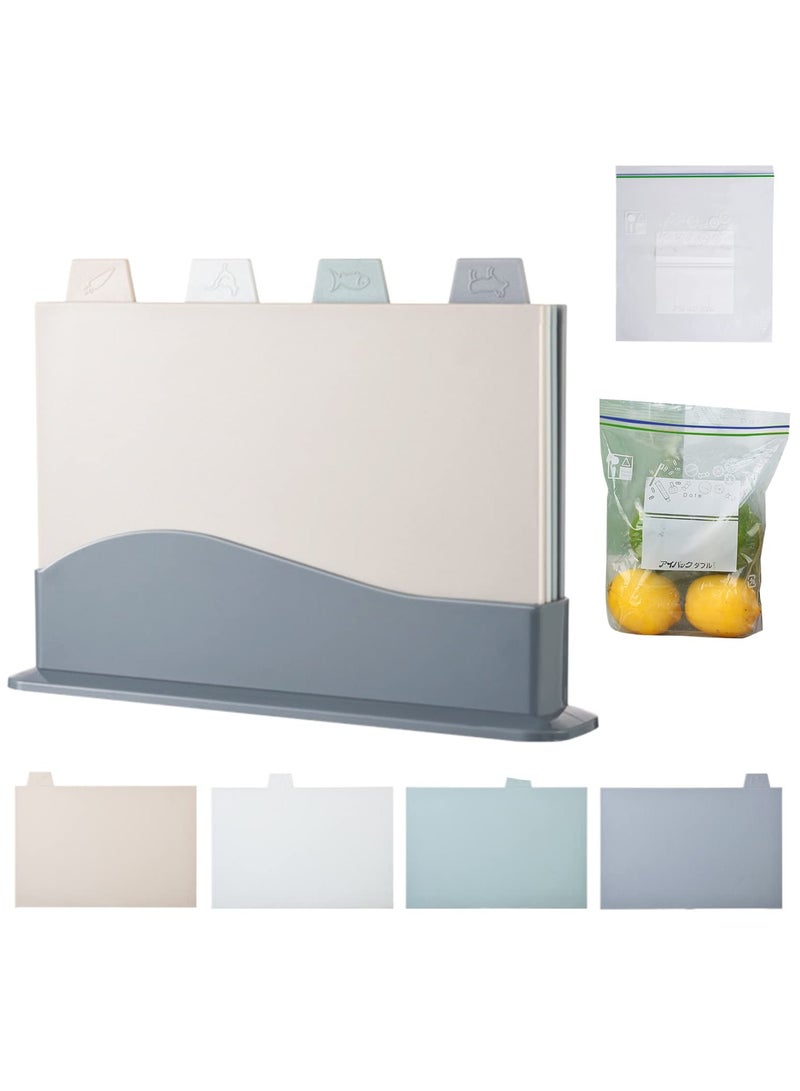 INFOSUN Plastic Chopping Board Set, 4 Pcs Extra Thick Colour Coded Cutting Boards with Food Preparation Indicators & Storage Stand, Non-slip, Easy To Clean, Free 10 Pcs Resealable Food Storage Bags-White  - Image 1