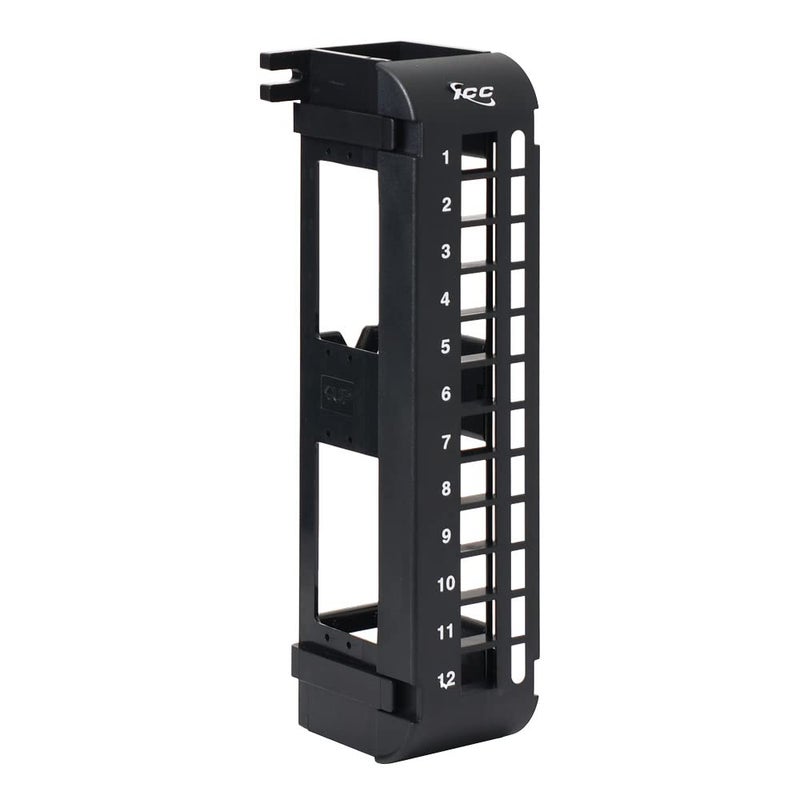 ICC 12 Port Blank Keystone Patch Panel with 89U Wall Mount Bracket for Slim Profile Keystone Jacks (Sold Separately), UL Listed, Black, IC107BP12V - Image 1
