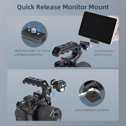 Nitze Quick Release Camera Monitor Mount (NATO Rail with 1/4” Screw and Retractable Pins to Cold Shoe), Field Monitor Mount with Adjustable NATO Clamp, 170° Tilt and 360° Pan - N54-S1 - Image 4